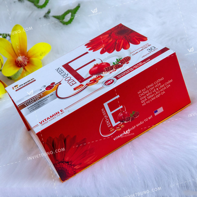Mẫu hộp cứng đựng vitamin e đỏ Edo Queen