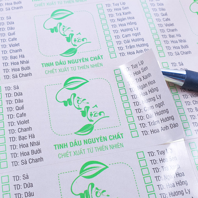 Mẫu decal giấy đựng tinh dầu Mộc Niên