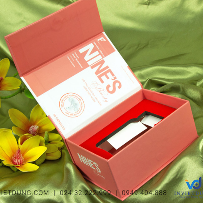 Mẫu hộp cứng đựng viên uống trắng da Nine's