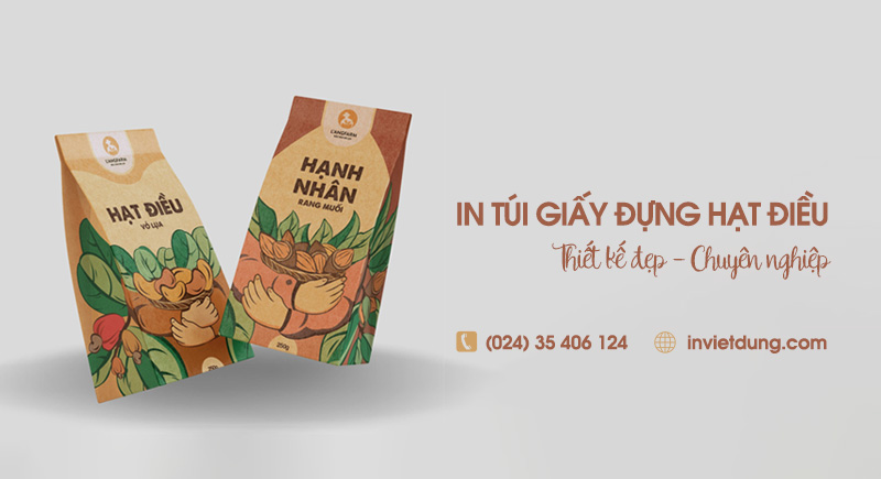 Xưởng in túi giấy đựng hạt điều theo yêu cầu, free thiết kế