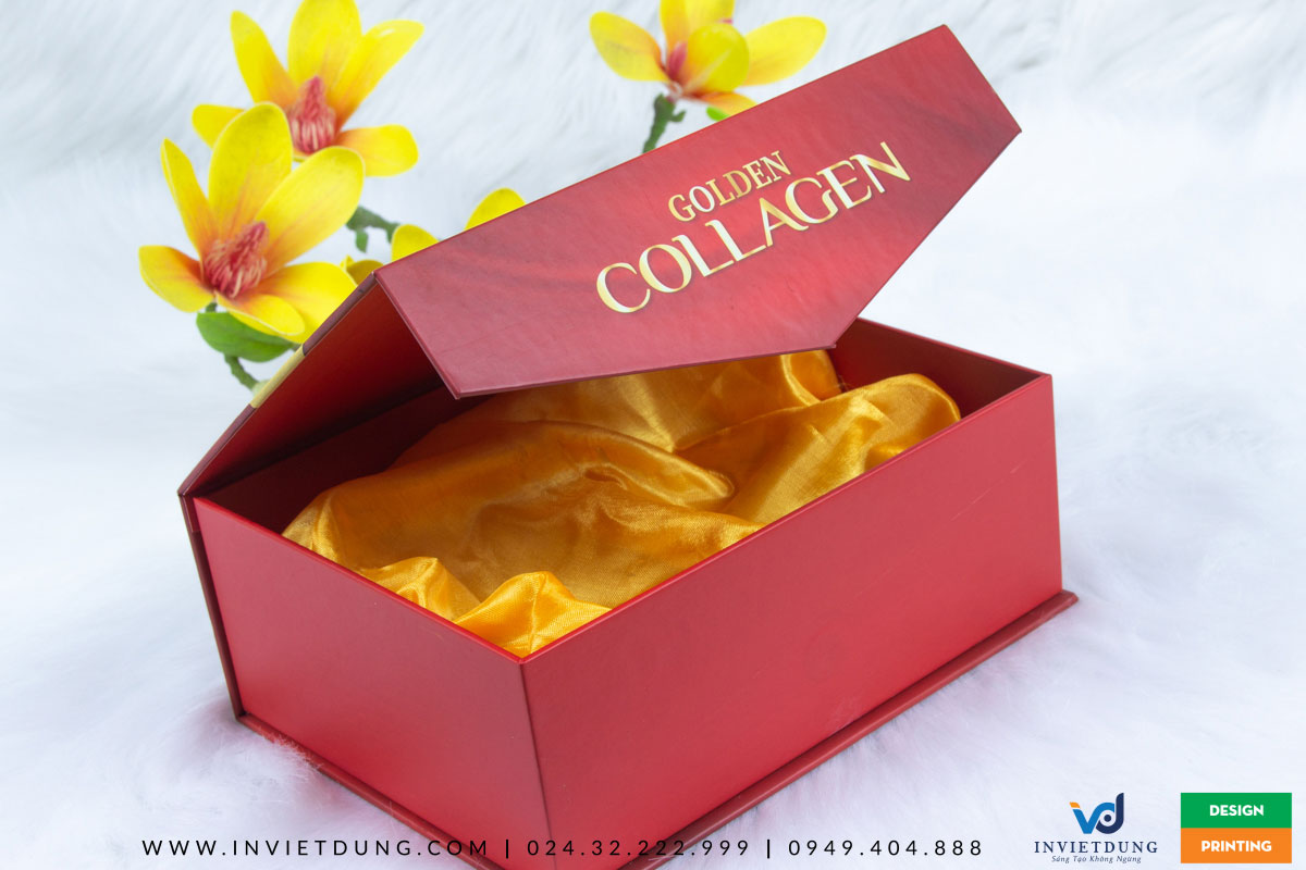 In hộp cứng đựng mỹ phẩm collagen với khay phủ lụa vàng