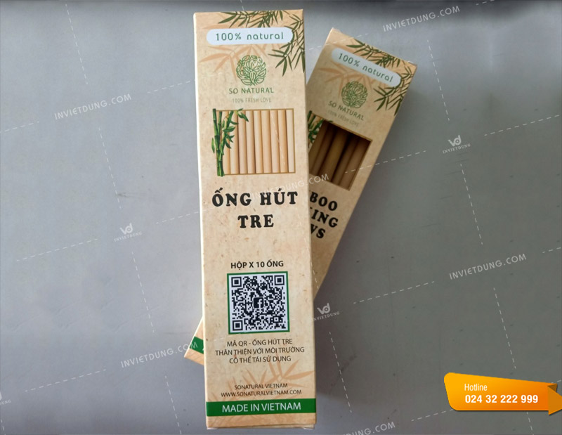 Vỏ hộp đựng ống hút tre được in ấn đầy đủ thông tin chi tiét