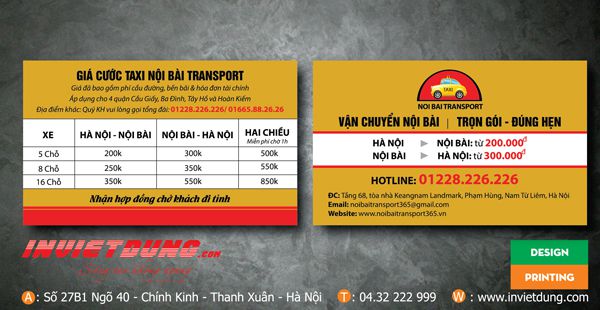 Mẫu card visit taxi Nội Bài