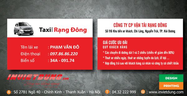 Mẫu card visit taxi Rạng Đông