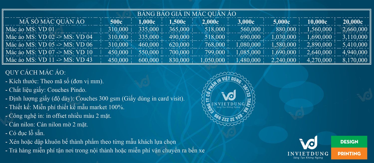 Bảng báo giá in thẻ bài tại In Việt Dũng