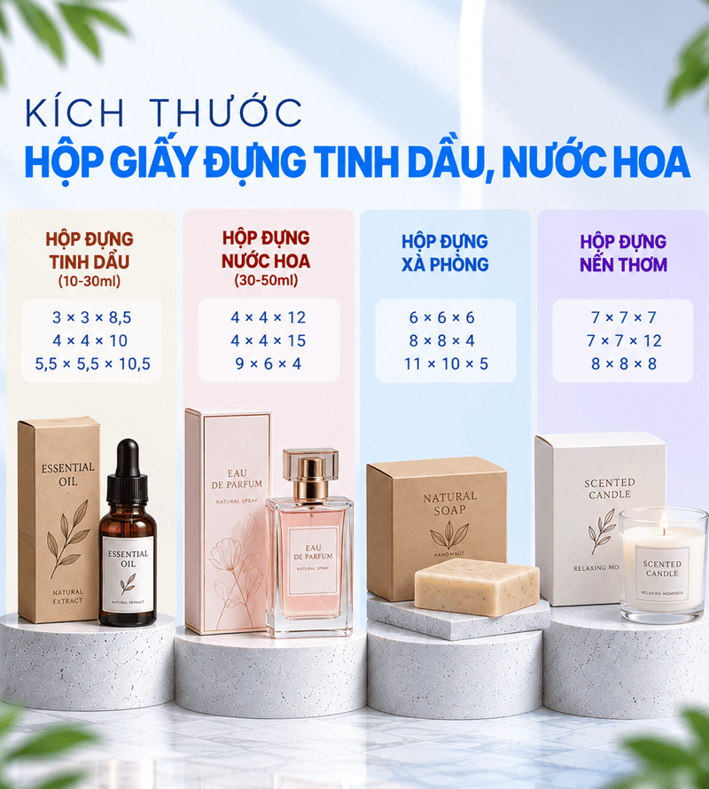 Kích thước hộp giấy đựng tinh dầu nước hoa Kích thước hộp giấy đựng tinh dầu nước hoa