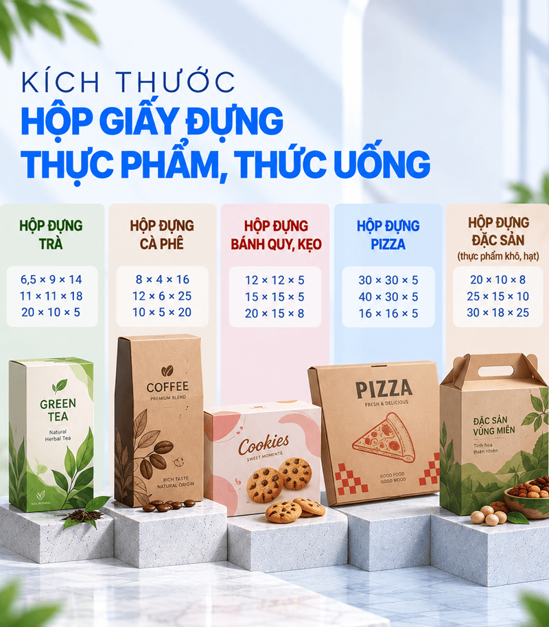 Kích thước hộp giấy đựng thực phẩm thức uống Kích thước hộp giấy đựng thực phẩm thức uống