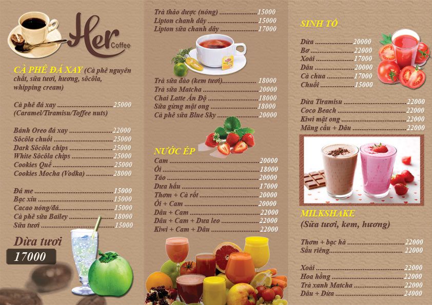 In menu quán cafe đẹp và sang trọng